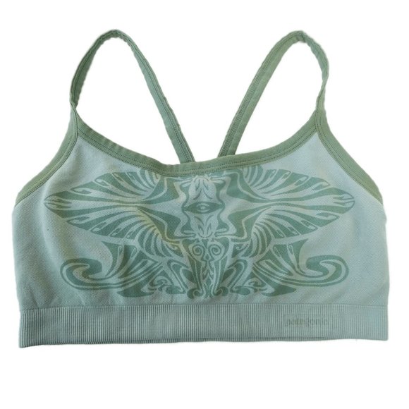 SOLD Patagonia Sports Bra Tiki Abstract Moth Design Green Racer Back S - Picture 4 of 6